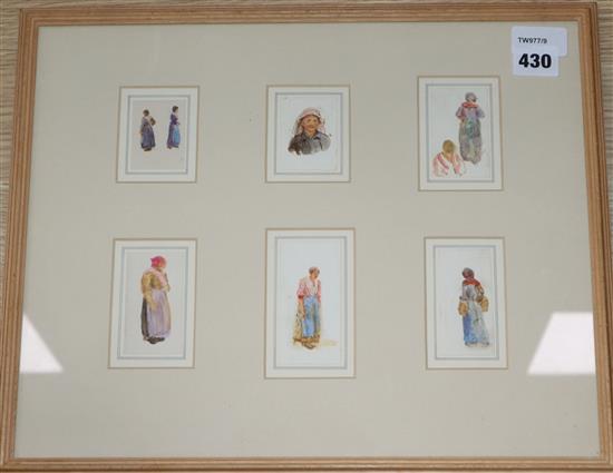 Helen Allingham R. W. S. (1848-1926), Six small figure studies, framed together, 5 x 4cm to approx 8 x 4cm